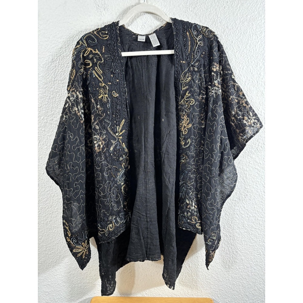 Chico's Kimono Blouse Womens One Size Black Beaded Lace Sequin Boho Embroidered